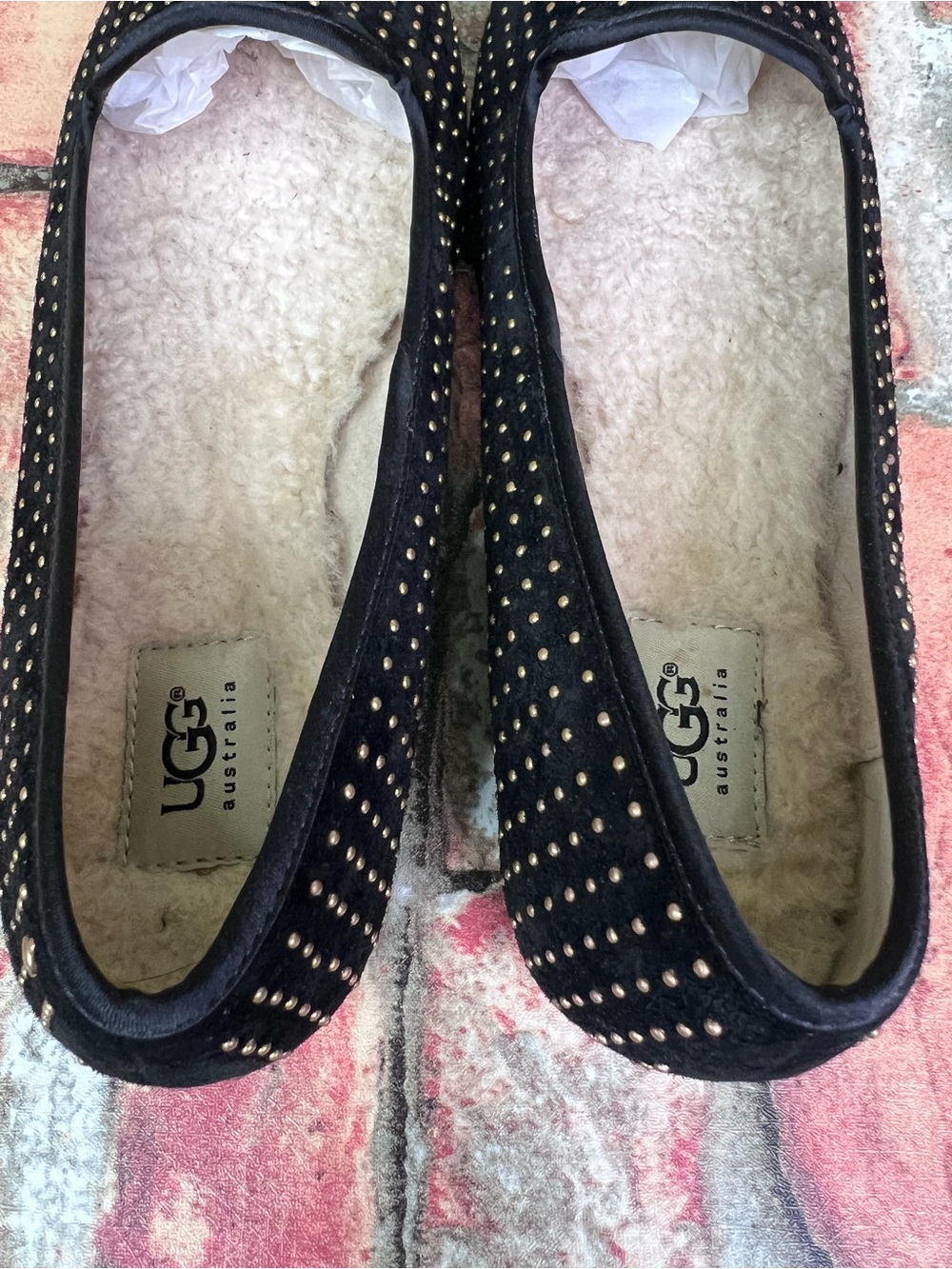 UGG Black Studded Suede Smoking Slippers with Shearling Lining, 11 - Picture 11 of 13